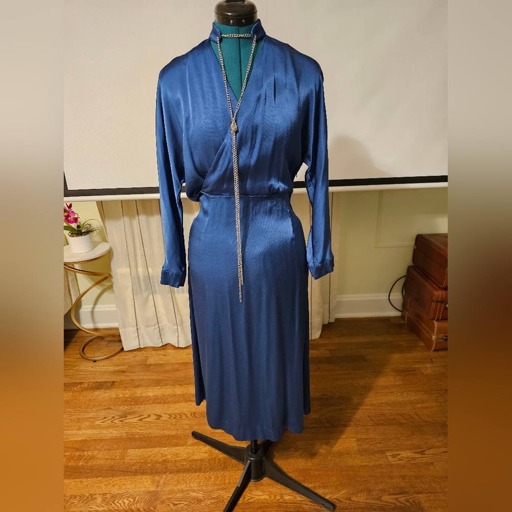 Elegant Blue Satin Dress With Chain Handmade